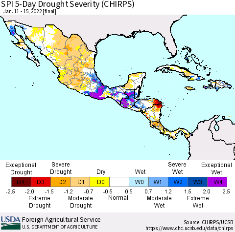 Mexico Central America and the Caribbean SPI 5-Day Drought Severity (CHIRPS) Thematic Map For 1/11/2022 - 1/15/2022
