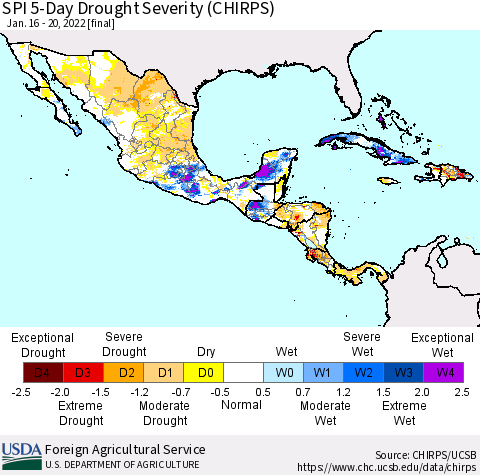 Mexico Central America and the Caribbean SPI 5-Day Drought Severity (CHIRPS) Thematic Map For 1/16/2022 - 1/20/2022