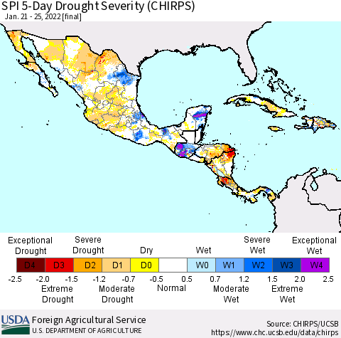 Mexico Central America and the Caribbean SPI 5-Day Drought Severity (CHIRPS) Thematic Map For 1/21/2022 - 1/25/2022