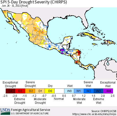 Mexico Central America and the Caribbean SPI 5-Day Drought Severity (CHIRPS) Thematic Map For 1/26/2022 - 1/31/2022