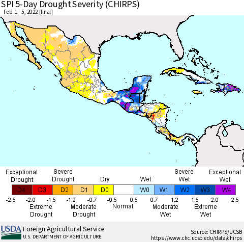 Mexico Central America and the Caribbean SPI 5-Day Drought Severity (CHIRPS) Thematic Map For 2/1/2022 - 2/5/2022