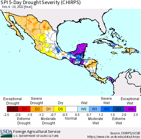 Mexico Central America and the Caribbean SPI 5-Day Drought Severity (CHIRPS) Thematic Map For 2/6/2022 - 2/10/2022