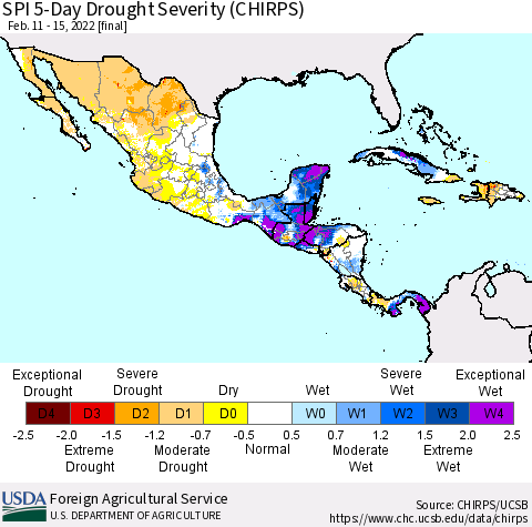 Mexico Central America and the Caribbean SPI 5-Day Drought Severity (CHIRPS) Thematic Map For 2/11/2022 - 2/15/2022