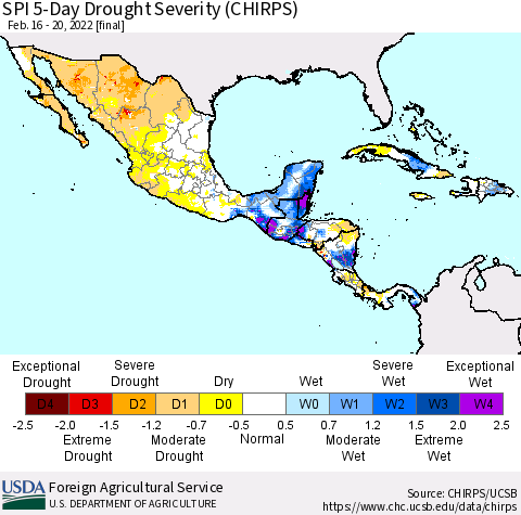 Mexico Central America and the Caribbean SPI 5-Day Drought Severity (CHIRPS) Thematic Map For 2/16/2022 - 2/20/2022
