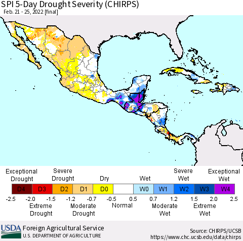 Mexico Central America and the Caribbean SPI 5-Day Drought Severity (CHIRPS) Thematic Map For 2/21/2022 - 2/25/2022