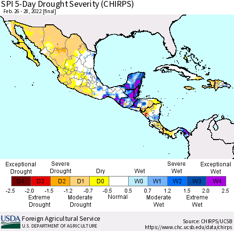 Mexico Central America and the Caribbean SPI 5-Day Drought Severity (CHIRPS) Thematic Map For 2/26/2022 - 2/28/2022