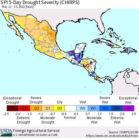 Mexico Central America and the Caribbean SPI 5-Day Drought Severity (CHIRPS) Thematic Map For 3/11/2022 - 3/15/2022