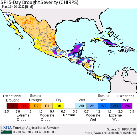 Mexico Central America and the Caribbean SPI 5-Day Drought Severity (CHIRPS) Thematic Map For 3/16/2022 - 3/20/2022