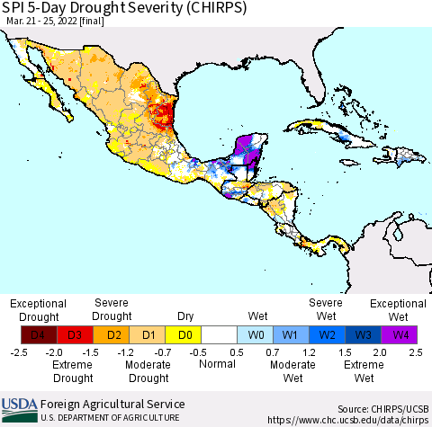 Mexico Central America and the Caribbean SPI 5-Day Drought Severity (CHIRPS) Thematic Map For 3/21/2022 - 3/25/2022