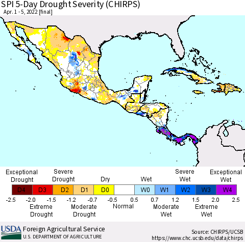 Mexico Central America and the Caribbean SPI 5-Day Drought Severity (CHIRPS) Thematic Map For 4/1/2022 - 4/5/2022