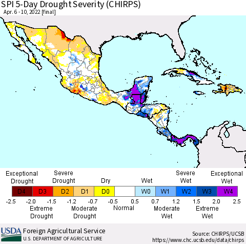 Mexico Central America and the Caribbean SPI 5-Day Drought Severity (CHIRPS) Thematic Map For 4/6/2022 - 4/10/2022