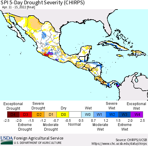 Mexico Central America and the Caribbean SPI 5-Day Drought Severity (CHIRPS) Thematic Map For 4/11/2022 - 4/15/2022