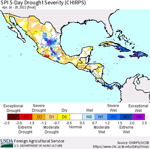 Mexico Central America and the Caribbean SPI 5-Day Drought Severity (CHIRPS) Thematic Map For 4/16/2022 - 4/20/2022
