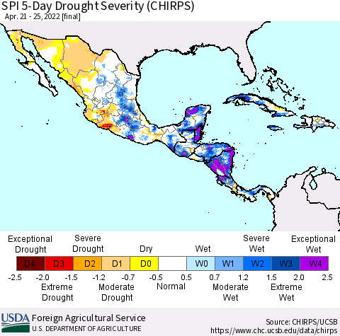 Mexico Central America and the Caribbean SPI 5-Day Drought Severity (CHIRPS) Thematic Map For 4/21/2022 - 4/25/2022