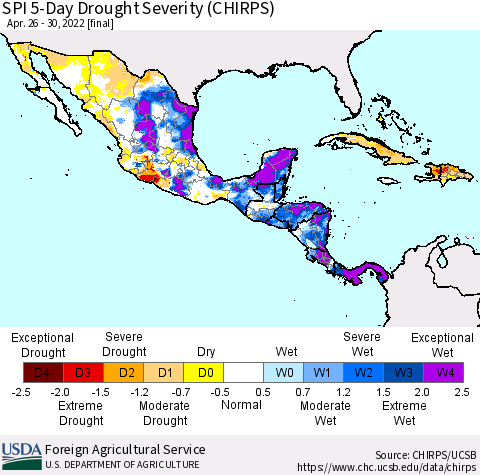 Mexico Central America and the Caribbean SPI 5-Day Drought Severity (CHIRPS) Thematic Map For 4/26/2022 - 4/30/2022