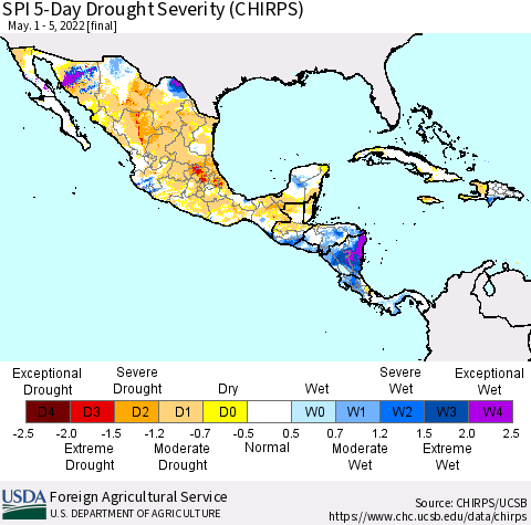 Mexico Central America and the Caribbean SPI 5-Day Drought Severity (CHIRPS) Thematic Map For 5/1/2022 - 5/5/2022