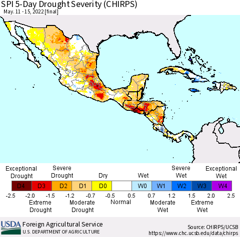 Mexico Central America and the Caribbean SPI 5-Day Drought Severity (CHIRPS) Thematic Map For 5/11/2022 - 5/15/2022