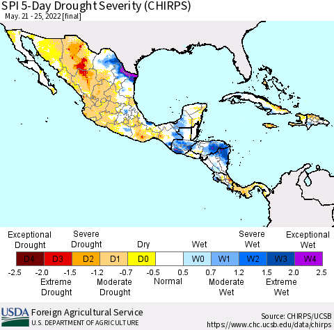 Mexico Central America and the Caribbean SPI 5-Day Drought Severity (CHIRPS) Thematic Map For 5/21/2022 - 5/25/2022