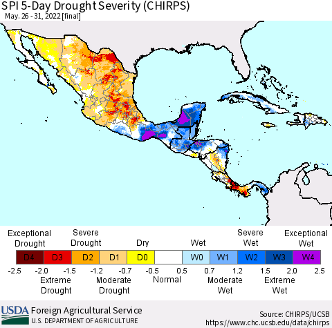 Mexico Central America and the Caribbean SPI 5-Day Drought Severity (CHIRPS) Thematic Map For 5/26/2022 - 5/31/2022