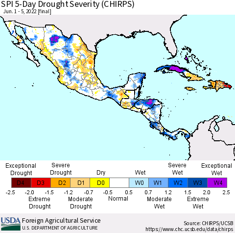 Mexico Central America and the Caribbean SPI 5-Day Drought Severity (CHIRPS) Thematic Map For 6/1/2022 - 6/5/2022