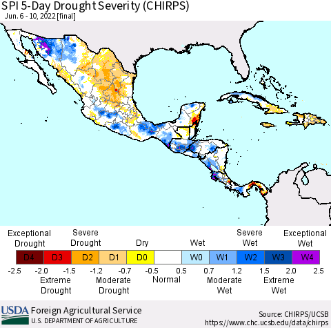 Mexico Central America and the Caribbean SPI 5-Day Drought Severity (CHIRPS) Thematic Map For 6/6/2022 - 6/10/2022