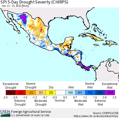 Mexico Central America and the Caribbean SPI 5-Day Drought Severity (CHIRPS) Thematic Map For 6/11/2022 - 6/15/2022