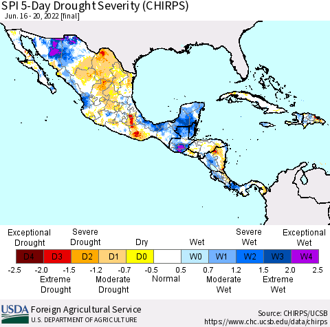 Mexico Central America and the Caribbean SPI 5-Day Drought Severity (CHIRPS) Thematic Map For 6/16/2022 - 6/20/2022