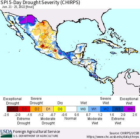 Mexico Central America and the Caribbean SPI 5-Day Drought Severity (CHIRPS) Thematic Map For 6/21/2022 - 6/25/2022
