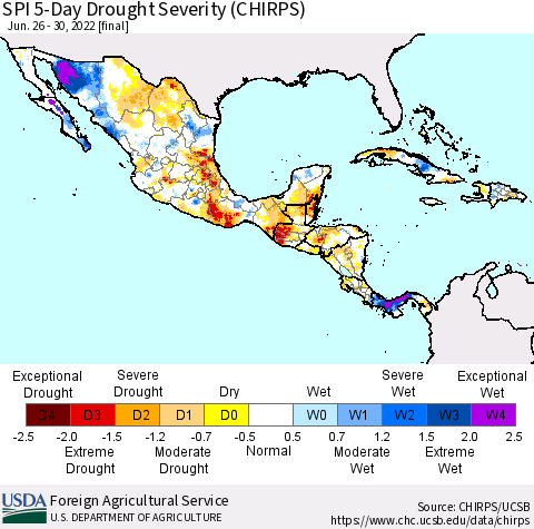 Mexico Central America and the Caribbean SPI 5-Day Drought Severity (CHIRPS) Thematic Map For 6/26/2022 - 6/30/2022