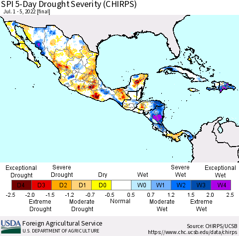 Mexico Central America and the Caribbean SPI 5-Day Drought Severity (CHIRPS) Thematic Map For 7/1/2022 - 7/5/2022