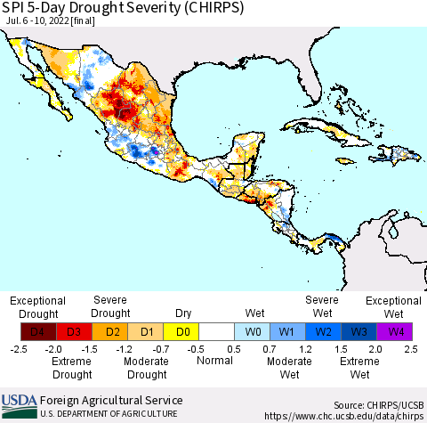 Mexico Central America and the Caribbean SPI 5-Day Drought Severity (CHIRPS) Thematic Map For 7/6/2022 - 7/10/2022