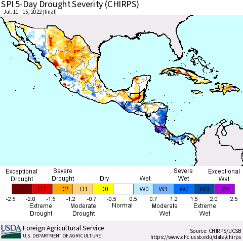 Mexico Central America and the Caribbean SPI 5-Day Drought Severity (CHIRPS) Thematic Map For 7/11/2022 - 7/15/2022