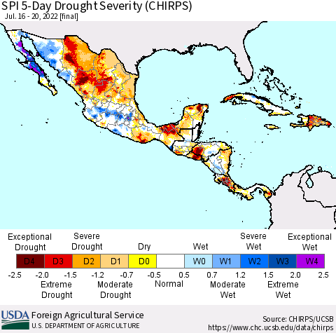 Mexico Central America and the Caribbean SPI 5-Day Drought Severity (CHIRPS) Thematic Map For 7/16/2022 - 7/20/2022
