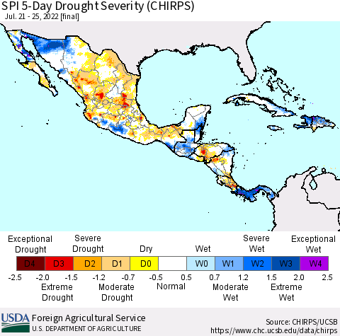 Mexico Central America and the Caribbean SPI 5-Day Drought Severity (CHIRPS) Thematic Map For 7/21/2022 - 7/25/2022