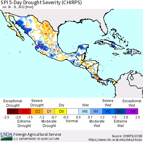 Mexico Central America and the Caribbean SPI 5-Day Drought Severity (CHIRPS) Thematic Map For 7/26/2022 - 7/31/2022