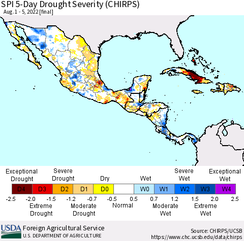 Mexico Central America and the Caribbean SPI 5-Day Drought Severity (CHIRPS) Thematic Map For 8/1/2022 - 8/5/2022