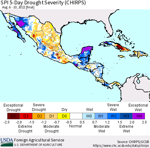 Mexico Central America and the Caribbean SPI 5-Day Drought Severity (CHIRPS) Thematic Map For 8/6/2022 - 8/10/2022