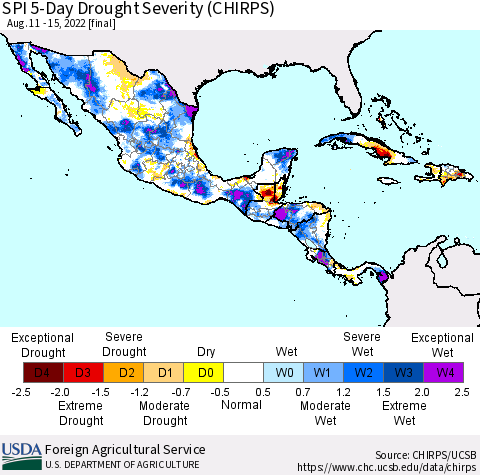 Mexico Central America and the Caribbean SPI 5-Day Drought Severity (CHIRPS) Thematic Map For 8/11/2022 - 8/15/2022