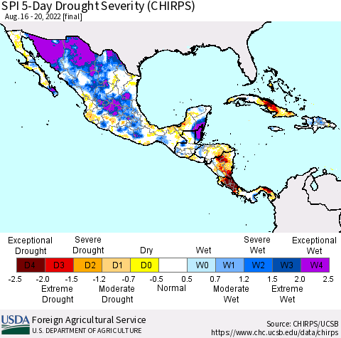 Mexico Central America and the Caribbean SPI 5-Day Drought Severity (CHIRPS) Thematic Map For 8/16/2022 - 8/20/2022