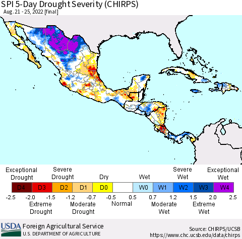 Mexico Central America and the Caribbean SPI 5-Day Drought Severity (CHIRPS) Thematic Map For 8/21/2022 - 8/25/2022