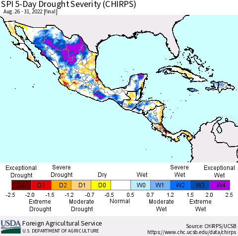 Mexico Central America and the Caribbean SPI 5-Day Drought Severity (CHIRPS) Thematic Map For 8/26/2022 - 8/31/2022
