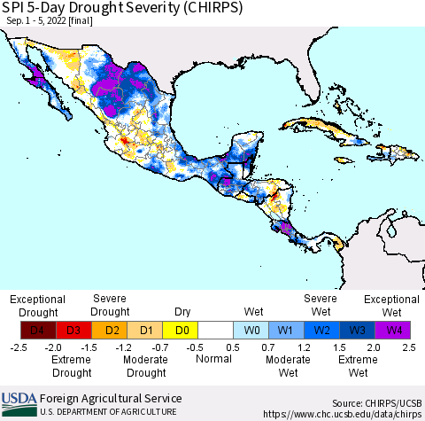 Mexico Central America and the Caribbean SPI 5-Day Drought Severity (CHIRPS) Thematic Map For 9/1/2022 - 9/5/2022