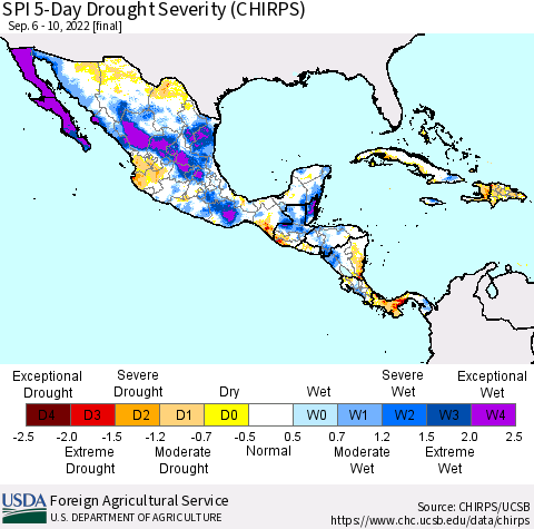 Mexico Central America and the Caribbean SPI 5-Day Drought Severity (CHIRPS) Thematic Map For 9/6/2022 - 9/10/2022