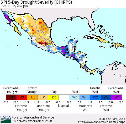 Mexico Central America and the Caribbean SPI 5-Day Drought Severity (CHIRPS) Thematic Map For 9/11/2022 - 9/15/2022