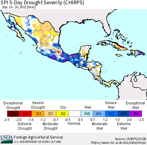 Mexico Central America and the Caribbean SPI 5-Day Drought Severity (CHIRPS) Thematic Map For 9/16/2022 - 9/20/2022