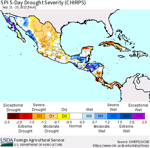 Mexico Central America and the Caribbean SPI 5-Day Drought Severity (CHIRPS) Thematic Map For 9/21/2022 - 9/25/2022