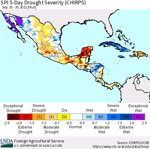Mexico Central America and the Caribbean SPI 5-Day Drought Severity (CHIRPS) Thematic Map For 9/26/2022 - 9/30/2022