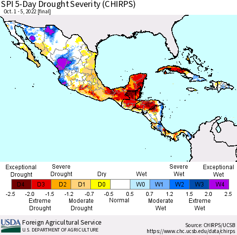 Mexico Central America and the Caribbean SPI 5-Day Drought Severity (CHIRPS) Thematic Map For 10/1/2022 - 10/5/2022
