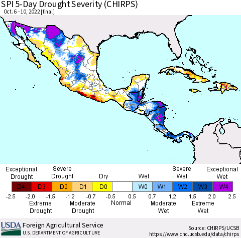 Mexico Central America and the Caribbean SPI 5-Day Drought Severity (CHIRPS) Thematic Map For 10/6/2022 - 10/10/2022