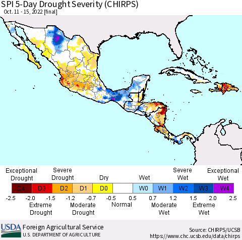 Mexico Central America and the Caribbean SPI 5-Day Drought Severity (CHIRPS) Thematic Map For 10/11/2022 - 10/15/2022